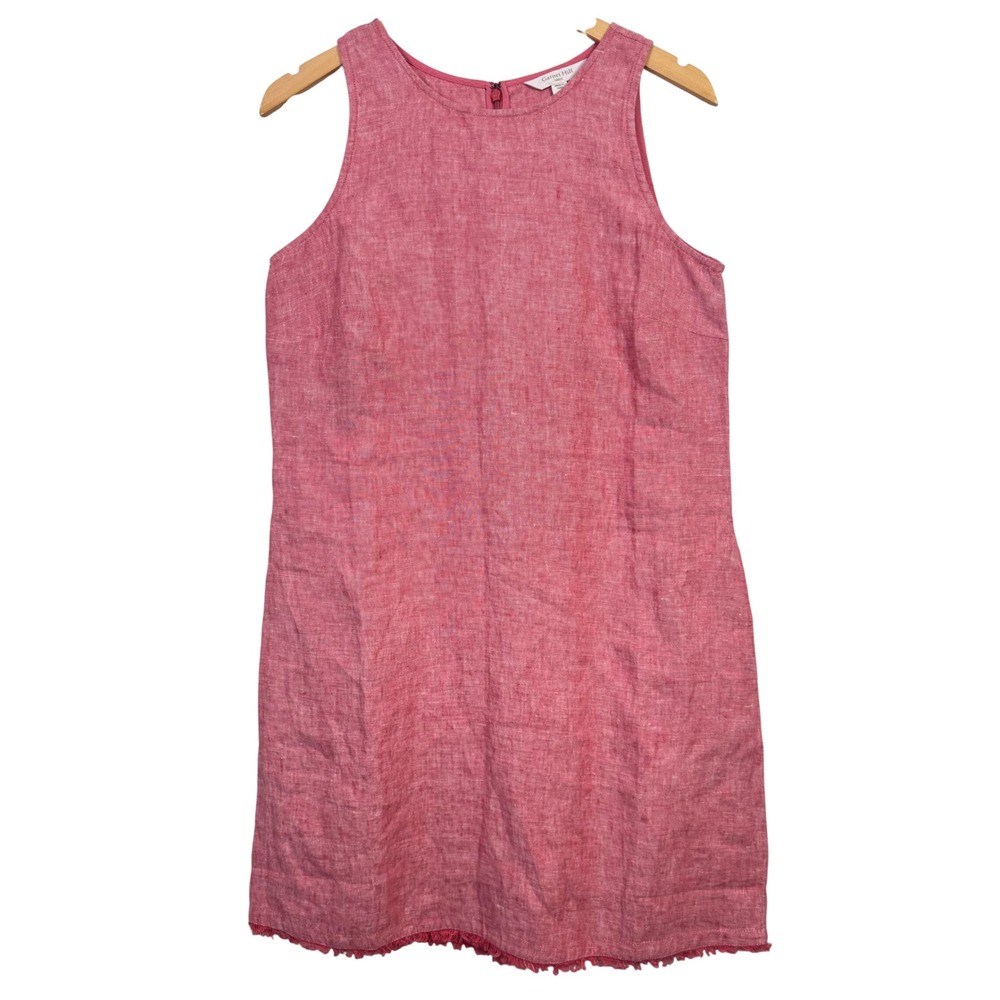 Garnet Hill 100% Linen Sleeveless Shift Dress Size 8 Pink Fringed Hem Minimalist - Picture 2 of 9